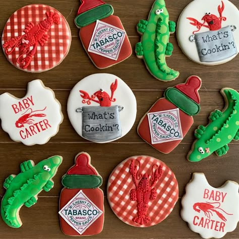 Crawfish Shower Ideas, Cajun Gender Reveal, Crawfish Gender Reveal Ideas, Louisiana Cookies Decorated, Seafood Boil Baby Shower Ideas, Crawfish Party Decorations, Crawfish Cookies Decorated, Crawfish Boil 1st Birthday Party, Cajun Baby Shower Ideas