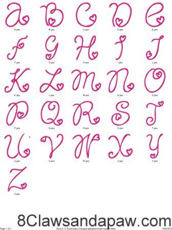 Girly Fonts Alphabet Cute, Girly Fonts Alphabet, Heart Font Alphabet, D In Cursive, Heart Cursive, Heart Handwriting, Heart Fonts, Heart Lettering, Cute Fonts Alphabet