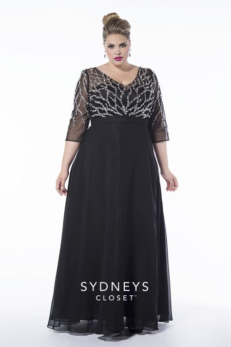 Sydney's Closet black evening gown with embellished illusion netting and 3/4 sleeves Plus Formal Dresses, Plus Size Evening Gown, Evening Gowns With Sleeves, Gaun Fashion, Plus Size Gowns, Plus Size Prom, Plus Size Formal, Moroccan Dress, Plus Size Formal Dresses