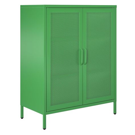 Novogratz Channing 2-Door Metal Locker Accent Cabinet Bungalow Makeover, Mesh Cabinet, Locker Designs, Chest Furniture, Door Accent Cabinet, Furniture Storage Cabinets, Vintage Industrial Style, Metal Lockers, Organized Living