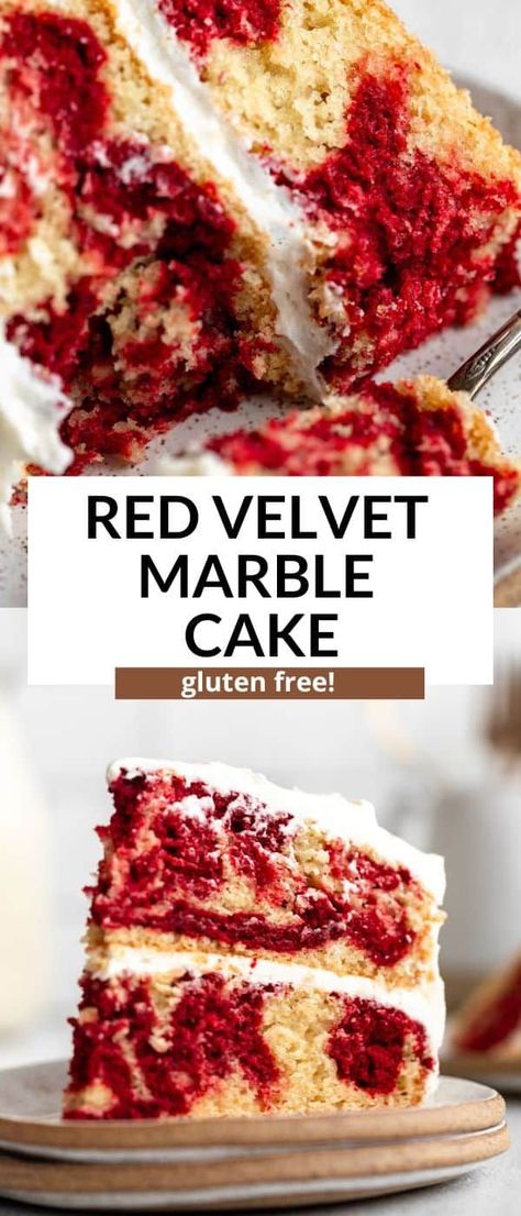 This gluten free red velvet marble cake is easy to make and perfect to impress your friends an family. This gluten free cake has swirls of vanilla cake and red velvet cake and is fluffy, moist and tender. Topped with a dairy free cream cheese frosting, this is the perfect gluten free dessert. Gluten Free Red Velvet Cake Recipe, Red Velvet Marble Cake, Gluten Free Red Velvet Cake, Gluten Free Red Velvet, Dairy Free Cream Cheese Frosting, Gluten Free Vanilla Cake, Gluten Free Dessert, Dairy Free Cream Cheese, Grain Free Desserts