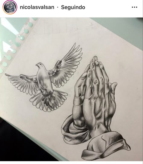 Praying Hands With Dove Tattoo, Praying Hands And Dove Tattoo, Atrapasueños Tattoo, Praying Hands Tattoo Design, Skateboard Tattoo, Drawings With Meaning, Angel Sketch, Dove Tattoo Design, Praying Hands Tattoo