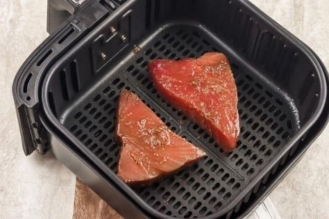 The best air fryer tuna steak recipe made with a honey ginger sauce. It’s healthy with no breading and can be cooked from frozen! #airfried #airfryer #airfryerdinnerideas Tuna Steak In Air Fryer, Steak Airfryer, Cook Tuna Steak, Cooking Ahi Tuna, Steak In Air Fryer, Air Fryer Tuna, How To Cook Tuna, Ahi Tuna Recipe, How To Make Tuna