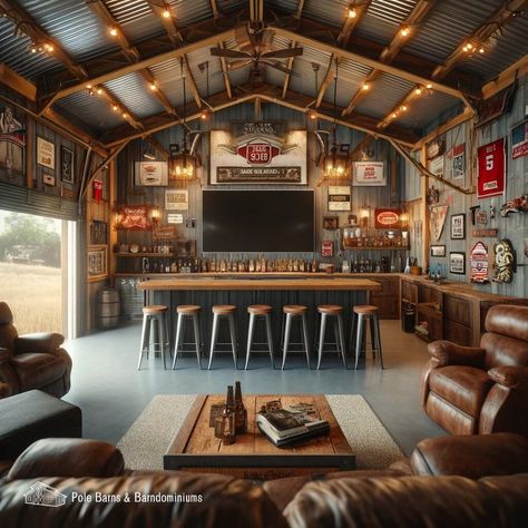 Pole Barn Entertainment Space, Party Barndominium, Party Garage Ideas, Barndominium Bar, Pole Barn Man Cave Ideas, Pole Barn Bar, Party Barn Ideas, Barndo Interior Ideas, Party Barn Interior