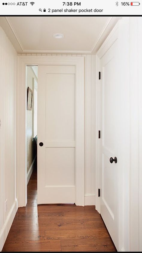 Pocket Doors Hallway, Shaker Three Panel Door, Hallway Pocket Door Ideas, Shaker Style Pocket Door, Pocket Door Styles, Pocket Door Hallway, White Pocket Door, Large Interior Doors, Shaker Pocket Door