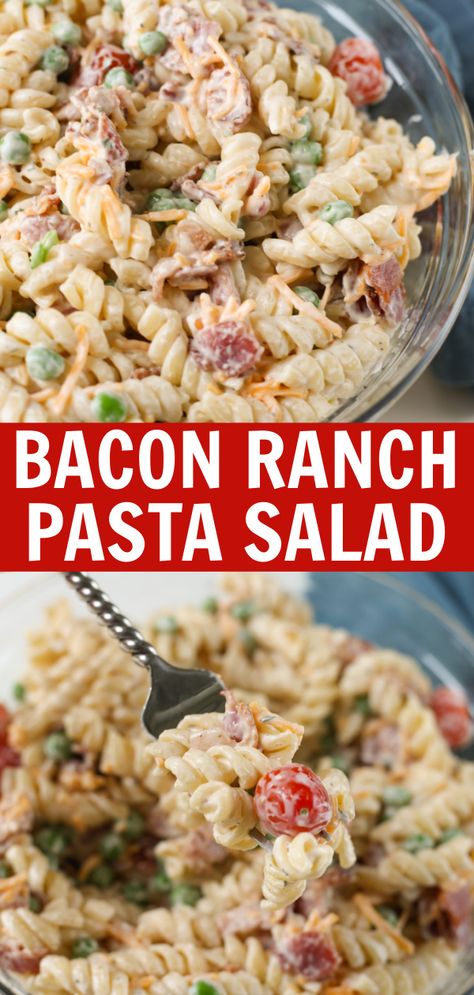 Bacon Ranch Pasta Salad is the perfect side dish for all your summer BBQs! Pasta, crispy bacon, cheddar cheese, tomatoes, and peas in a creamy ranch dressing. Cheesy Bacon Ranch Pasta Salad, Best Cookout Side Dishes Easy, Blt Ranch Pasta Salad, Cold Pasta Side Dishes Easy, Easy Bacon Ranch Pasta Salad, Healthy Pasta Salads Cold, Pasta Salad Recipes For Bbq, Loaded Cowboy Pasta Salad, Cold Pasta For Kids Lunch