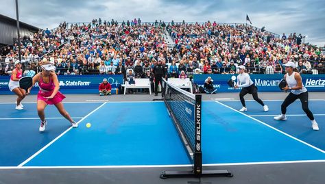 Four female pickleball athletes playing against each other in a tournament on an outdoor pickleball court during the day. Good Times Roll, Pickleball, Game Changer, Hot Topic, You Changed, Good Times, Diving, Paradise