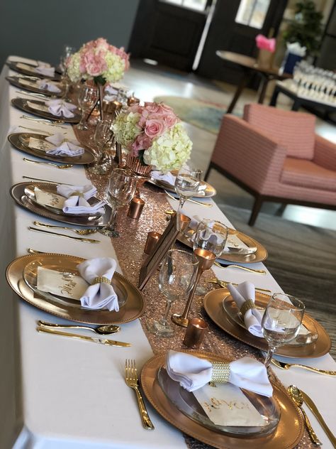 Rose Gold Sequin Table Runner, Rose Gold And Silver Centerpieces, Rose Gold And Champagne Birthday Decor, Blush And Gold Table Setting, Pink And Gold Table Setting Birthdays, Rose Gold Table Setting Birthday, Pink And Gold Table Decorations, Rose Gold Dinner Table Decor, Rose Gold Birthday Party Table Settings