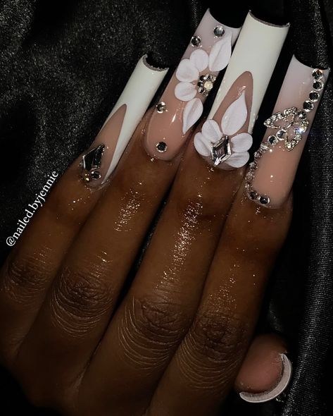 Love doing 3D flowers😩🤍 . . . Dm to book!💖 @nailed.byjennie #longnails #whitenails #ombrenails #blingnails #3dflowernails #frenchnails #nailsnailsnails #nailsofinstagram #nailart #viralnails #viralposts #fresnonails #fresnonailtech #explorepage White Nails W Flower Design, 3d Flower Nails With Diamonds, Black Nails 3d Flowers, Nail 3d Flowers, How To Make 3d Flowers On Nails, White Gold Acrylic Nails, 3d Acrylic Flowers Nails, Nail Ideas 3d Flowers, Nails With Flowers 3d