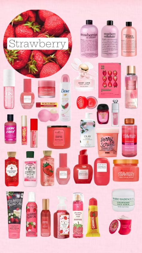 #skincare #strawberry #beauty #vibes #aesthetic #summer #makeup Strawberry Skincare Aesthetic, Body Hygiene Products Strawberry, Strawberry Body Care Products, Strawberry Products Aesthetic, Strawberry Scent Aesthetic, Strawberry Skincare Products, Strawberry Makeup Products, Strawberry Scented Products, How To Smell Like Strawberries