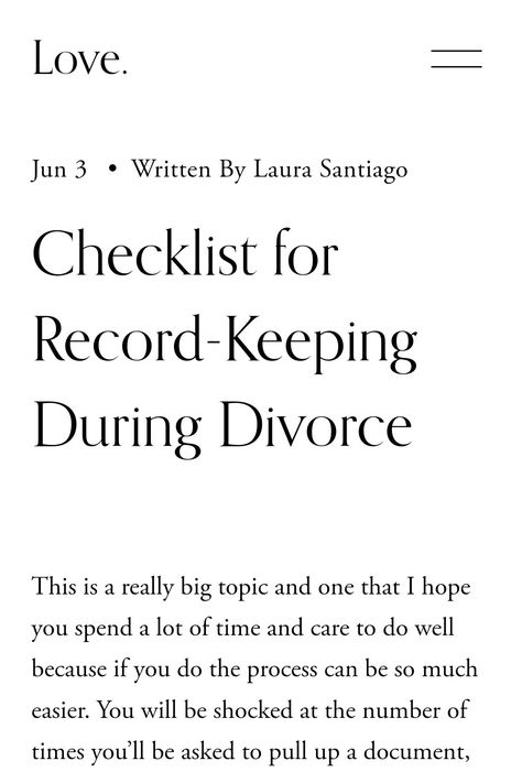 Screenshot of blog title 'checklist for record-keeping during divorce.' Divorce Checklist Printable, Divorce Documents, Divorce Checklist For Women Printable, Divorce Organization, Divorce Checklist, Divorce Checklist For Women, Diy Divorce, Divorce Forms, Divorce Agreement