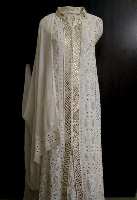 Pure Georgette Chikankari Sharara Suit with Heavy Golden Mukaish (Three Piece) Chikankari Sharara Suit, Bridal Sharara Suit, Lucknowi Chikankari Suits, Chikankari Sharara, Bridal Sharara, Pakistani Formal Dresses, Chikankari Suits, Designer Punjabi Suits, Lucknowi Chikankari