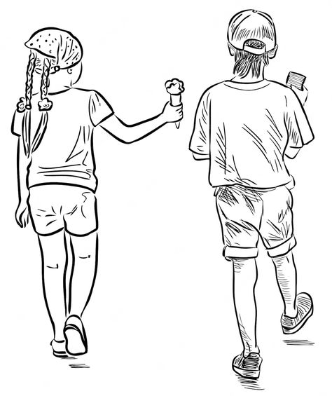 Premium Vector | Outline drawing of two little children walking outdoors on summer day Sketch People, Walking Outdoors, Summer Drawings, Pencil Work, Sibling Tattoos, Easy Love Drawings, Female Drawing, Outline Drawing, Art Drawings Sketches Pencil