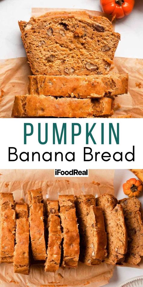 Pumpkin Banana Bread - iFoodReal.com Low Fat Muffins, Pumpkin Bread Recipe Healthy, Oatmeal Dessert, Pumpkin Banana Muffins, Healthy Pumpkin Bread, Pumpkin Banana Bread, Pumpkin Bread Easy, Pumpkin Banana, Healthy Recipes Easy Snacks