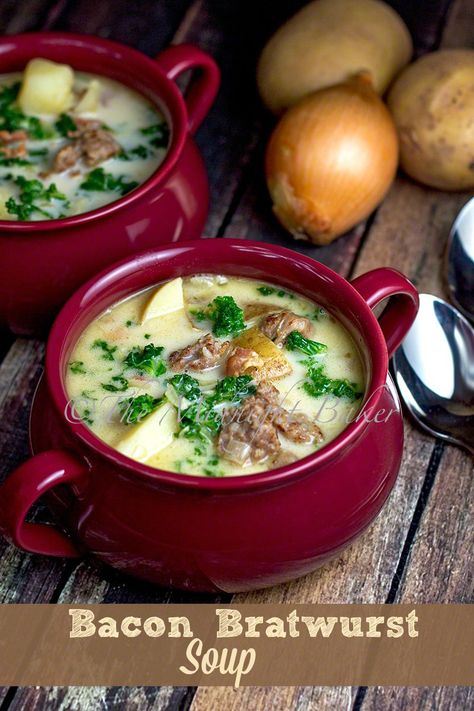 Bacon & Brats Soup | bakeatmidnite.com | #soup #sausage #zuppatuscana Brat Soup, 9 Bean Soup Recipe, Easy Winter Soup Recipes, Soup Sausage, Soup Winter, Brats Recipes, Bratwurst Recipes, Winter Soup Recipe, Winter Soup