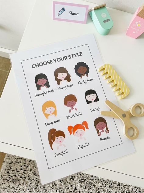 Set up a cute hair salon dramatic play scene for hours of fun! Our hairdresser dramatic play printables include this haircut styles sign and lots of other signs and forms to encourage communication and language development. Hair Salon Kindergarten, Hair Salon Printables Free, Hairdresser Role Play, Barber Shop Dramatic Play, Hairdressing Activities For Preschool, Pretend Play Hair Salon, Dramatic Play Hair Salon Free Printables, Beauty Salon Preschool Dramatic Play, Hairdresser Dramatic Play