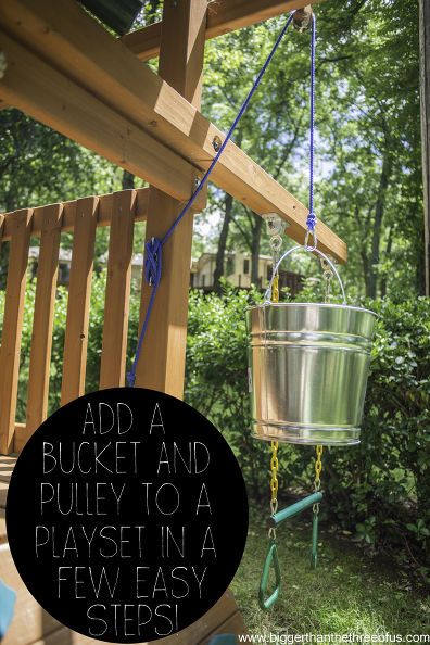 Take your playset to the next level with a handy bucket pulley system. Bucket Simple, Tree House Ideas, Treehouse Ideas, Backyard Playset, Outdoor Playset, Playhouse Ideas, Tree Fort, Build A Playhouse, Outside Fun