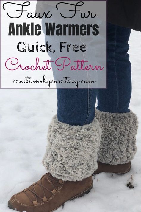 Faux Fur Ankle Warmers - Creations By Courtney Crochet Ankle Warmers Free Pattern, Crochet Ankle Warmers, Tunic Pattern Free, Crocheted Skirts, Ankle Warmers, Leg Warmers Crochet Pattern, Interesting Crochet, Butterfly Legs, Leg Warmers Pattern