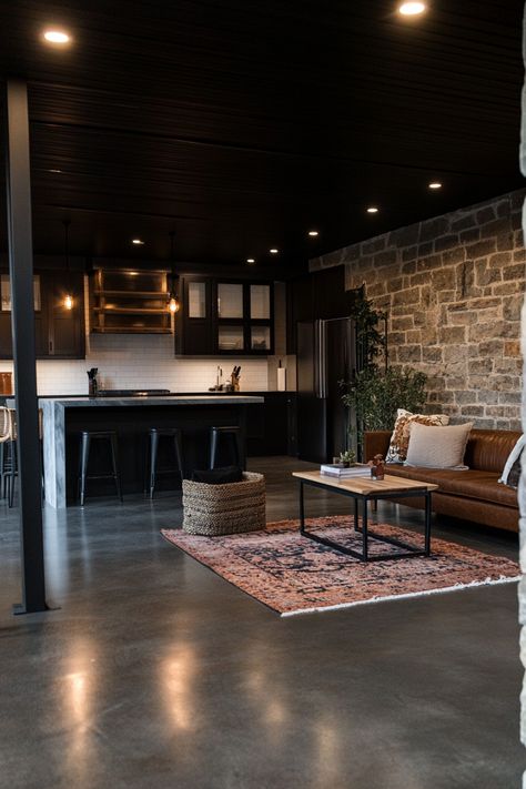 Some Thoughts On Basement Makeovers – Everyday Inspo Modern Vintage Basement, Black Floor Basement, Dark And Moody Basement Ideas, Vibe Basement, Studio Basement Apartment, Black Ceiling Basement, Dark Moody Basement, Moody Speakeasy, Moody Basement Ideas