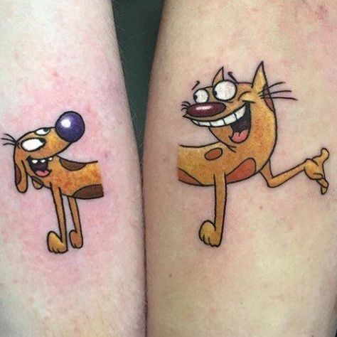 200+ Cute Cartoons Tattoos Designs (2021) Animated Characters Ideas Cat And Dog Tattoo, Infinity Couple Tattoos, 90s Tattoos, Matching Best Friend Tattoos, Bestie Tattoo, Cartoon Character Tattoos, Sibling Tattoos, Small Tattoos Simple, Bff Tattoos