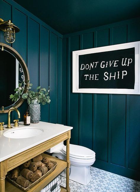 Peacock Bathroom Decor, Kate Lester Interiors, Peacock Bathroom, Powder Bathroom Ideas, Remodel Farmhouse, Teal Bathroom, Modern Coastal Decor, Coastal Design, How To Make Breakfast