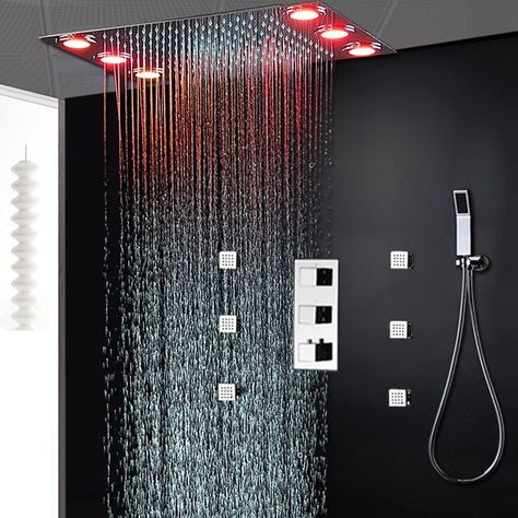 Luxury Shower Set Electric Led Large Rain Shower Head Ceiling Shower Faucet Panel Thermostatic Mixer/ Massage Shower Body Jets _ - AliExpress Mobile Rain Shower Head Ceiling, Rain Shower Bathroom, Shower Ceiling, Led Shower Head, Shower Jets, Shop Bathroom, Bad Set, Shower Panel, Shower Faucet Sets