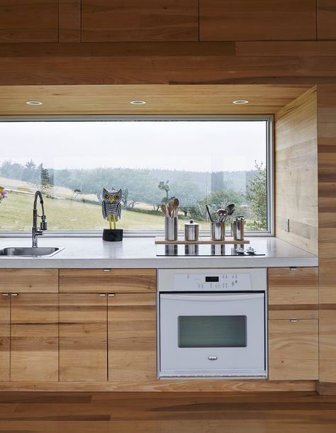 Photo 5 of 13 in Lights Will Guide You Home - Dwell Kitchen Window Design, Rustic Kitchen Cabinets, Drop In Sink, Wood Cabinet, Wood Counter, Cooktops, Pantry Design, Kitchen Inspiration Design, Modern Cabin