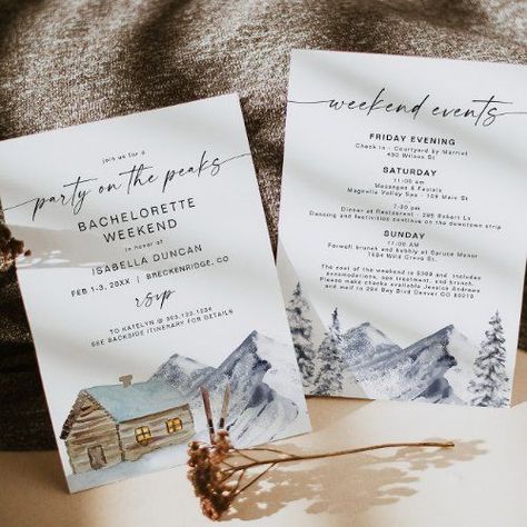 Park City Bachelorette, Bachelorette Party Hashtags, Cabin Bachelorette, Ski Bachelorette, Camping Bachelorette, Itinerary Invitation, Bachelorette Inspo, Watercolor Party, Ski Cabin