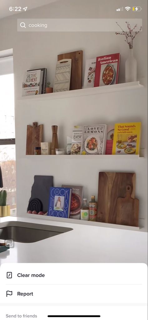 Recipe Book Shelf Kitchen, Cookbook Display Shelf, Cook Book Shelf Ideas, Cook Book Storage In Kitchen, Cookbook Wall Display, Cookbooks In Kitchen Displaying, Kitchen Bookshelf Ideas, Cookbook Wall, Kitchen Cookbook Display