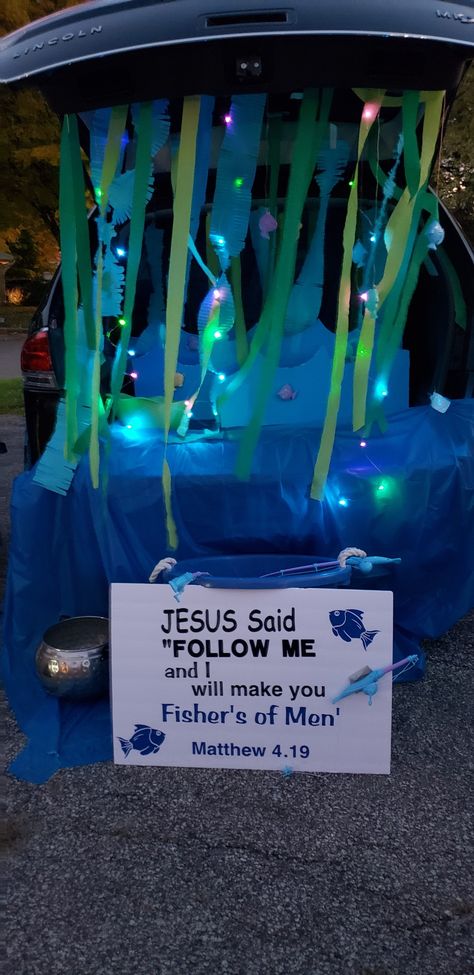 Water Themed Trunk Or Treat, Ocean Trunk Or Treat Ideas For Cars, Truck Or Treat Christian, Bible Theme Trunk Or Treat Ideas, Trunk Or Treat Fishers Of Men, Bible Based Trunk Or Treat Ideas, Faith Based Trunk Or Treat Ideas, Bible Theme Trunk Or Treat, Fisher Of Men Trunk Or Treat