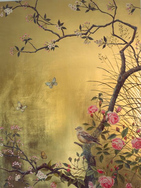 Claire Basler, Fleurs Art Nouveau, Gold Room, Paint Illustration, Golden Art, Classic Sailing, Peacock Wall Art, Art Deco Interior Design, Gold Leaf Art