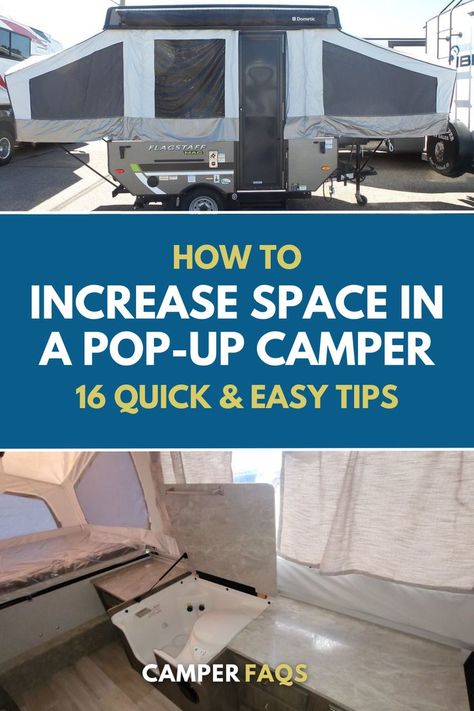 How To Increase Space In A Pop-Up Camper Popup Storage Ideas, Pop Up Camper Organization Ideas, Boho Pop Up Camper, Pop Up Camper Interior Ideas, Pop Up Camper Hacks, Small Pop Up Campers, Tent Trailer Remodel, Best Pop Up Campers, Pop Up Remodel