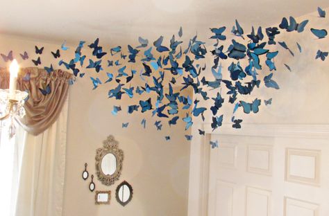 For my daughter’s nursery I wanted to do an Alice in Wonderland theme, but I also wanted to keep it soft and ethereal. I dreamed of  a swarm of blue butterflies! But HOW??? So I set out to ma… Alice In Wonderland Bedroom, Butterfly Room Decor, Alice In Wonderland Room, Butterfly Room, Butterfly Nursery, Diy Butterfly, Alice In Wonderland Theme, Blue Butterflies, Ceiling Installation