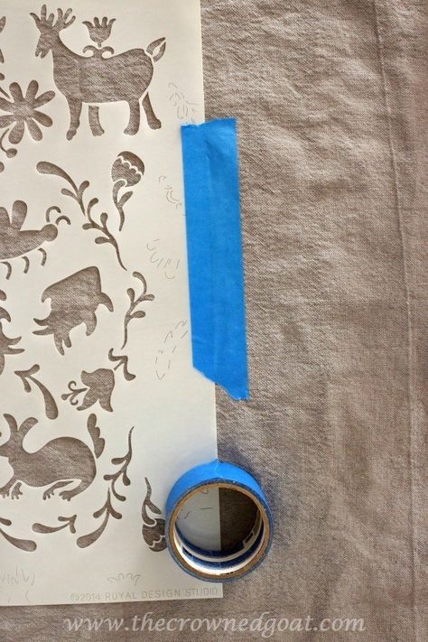 How to Customize Drop Cloth Curtains with Paint & Stencils - The Crowned Goat Stenciled Curtains, Drop Cloth Projects, Sewing Curtains, Sew Curtains, Headboard Curtains, Cloth Curtains, Painted Curtains, Royal Design Studio Stencil, Canvas Drop Cloths