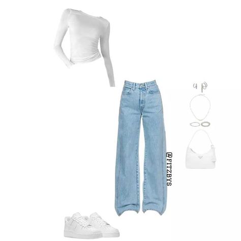 White Top Style, Long White Top Outfit, Style With Blue Jeans, White Top Outfit For School, Outfit With White Long Sleeve, Outfits For Blue Jeans, Outfits With Blue Top, Styling White Long Sleeve Shirt, Blue And White Casual Outfits