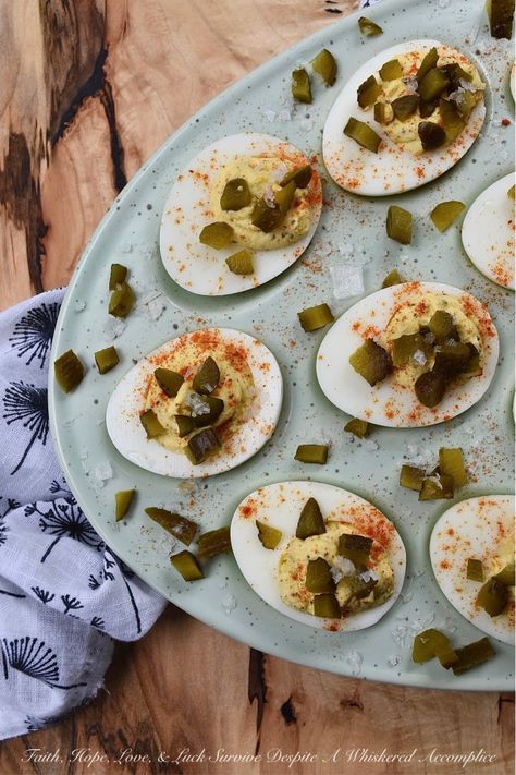 Southern Sweet Pickle Deviled Eggs - Southern sweet pickle deviled eggs are a great choice for any occasion, whether you're in need of a quick snack, a side dish, or perhaps an appetizer to start off a meal. The combination of mayonnaise, pickle juice, and dry mustard creates a tangy and savory flavor that is perfectly balanced with a touch of sweetness. And, the garnish of diced sweet pickle, paprika, and flaky sea salt adds just the right hint of flavorful salty sweetness to make these deviled Pickle Deviled Eggs, Deviled Egg Platter, Creamy Eggs, Quick Snack, Pickle Juice, Sweet Pickles, Dry Mustard, Food Journal, Quick Snacks