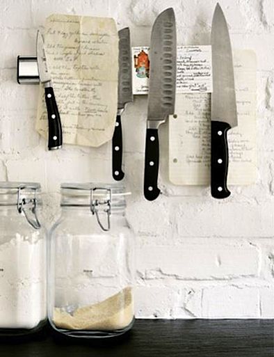 knife rack as magnetic note board, recipe holder Knife Magnet, Note Board, Recipe Holder, Knife Rack, Project Organization, Pantry Design, We're Back, Practical Magic, Magnetic Knife Strip