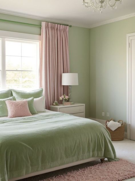 Girls Pink And Green Bedroom Ideas, Pale Pink And Green Aesthetic, Sage And Pink Bedroom Ideas, Pastel Pink And Green Room, Light Green Girls Bedroom, Pink Green Bedroom Aesthetic, Room Ideas Green And Pink, Light Green And Pink Aesthetic, Light Pink And Green Aesthetic