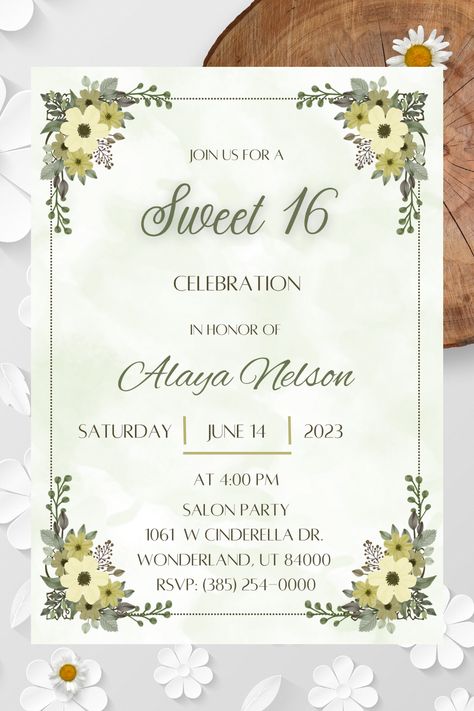 Floral Green Sweet Sixteen Birthday Invitation Template, My 16 Party, Teenager Girl, Editable Digital Invite, Instant Download, Electronic Party Green Sweet Sixteen, Sweet 16 Party Invitations, Salon Party, Sweet Sixteen Birthday Invitations, Green Birthday, 16th Birthday Invitations, Sweet Sixteen Invitations, Sweet Sixteen Birthday, Sweet 16 Invitations