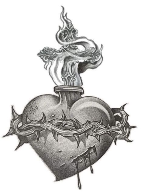 Realistic Sacred Heart Tattoo Design, Sacred Heart Tattoo Stencil, Heart Tattoo Stencil, Sacred Heart Tattoo, Jesus Tattoo Design, Sacred Heart Tattoos, Free Tattoo Designs, Chicano Art Tattoos, Religious Tattoo