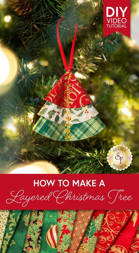 Quilted Christmas Tree Ornaments Diy, Fabric Sewn Christmas Trees, Folded Fabric Trees Christmas Diy, Christmas Tree Decorations Sewing, Patchwork Christmas Tree Decorations, Layered Christmas Tree Ornament, Diy Fabric Christmas Tree Ornaments, Christmas Ornaments To Make Fabric, Christmas Tree Ornaments To Sew