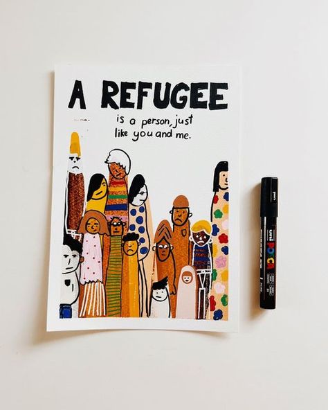 ALICIA'S on Instagram: "More scrape painting. This time using the book “What Is A Refugee” by @elise_gravel as a reference, while talking about the Ukraine refugee situation as well as Syrian refugees mentioned in the book. — E made an important observation: “I noticed most of the people drawn on the cover aren’t smiling.” To which I replied: “You wouldn’t be happy to have to flee your country and have no place to call home.” So he drew the people without smiles. H on the other hand, said she Refugee Book, Refugee Art, Refugee Quotes, Refugee Week, Refugees Art, Mind Map Art, Scrape Painting, Protest Art, Leaflet Design