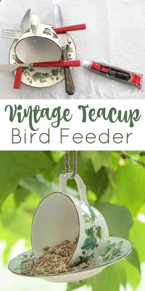 Teacup Bird Feeder Diy, Teacup Birdfeeder, Teacup Bird Feeder, Make A Bird Feeder, Bird Feeder Craft, Teacup Gardens, Teacup Crafts, Tea Cup Bird Feeder, Diy Bird Feeder