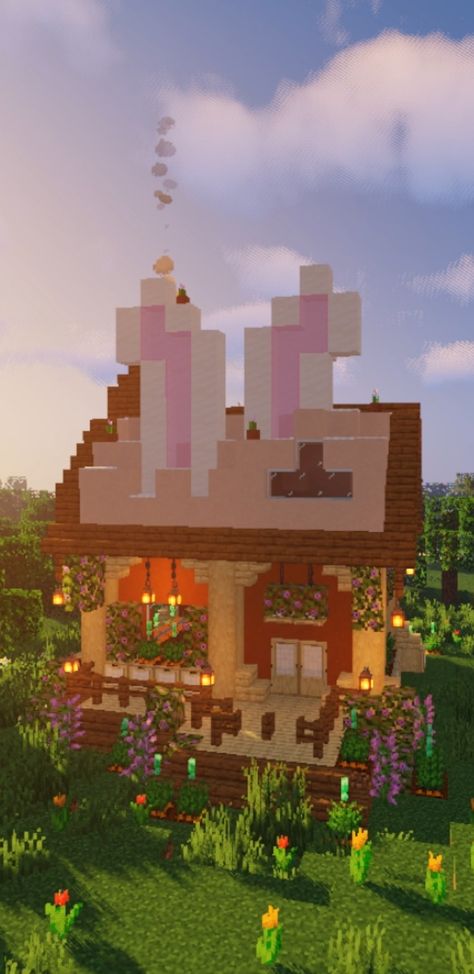 Minecraft Bunny House Ideas, Lesbian Minecraft House, Bunny Minecraft Build, Easy Pretty Minecraft House, Minecraft Building Ideas Kawaii, Easter Minecraft Builds, Cute Minecraft Houses Kawaii, Minecraft Rabbit House, Valentines Minecraft Builds