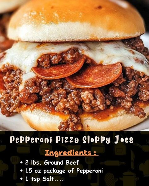 Ingredients: 2 lbs. Ground Beef 15 oz. package of Pepperoni 1 tsp Salt... Pepperoni Pizza Sloppy Joes, Sloppy Joe Pizza, Pizza Sloppy Joes, Sloppy Joe, Sloppy Joes, Holiday Table, Holiday Tables, Pizza Recipes, Pepperoni Pizza