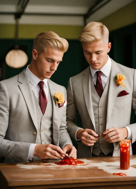 Explore the timeless elegance of men's fashion with two blonde gentlemen in pale grey vested suits, club ties, and pompadour haircuts. 🕴️ Add a touch of sophistication to your wardrobe! 👔 #MensFashion #ClassicStyle 20s Lifestyle, Formal Couple, Grey Suit Vest, Men Portrait, Pompadour Haircut, Mens Fashion Classic, Beauty Wallpaper, Blonde Guys, Young Fashion