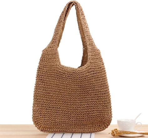 KESYOO Women Handcraft Tote Bag Natural Chic Straw Bag Hand-woven Crochet Handbag Casual Shoulder Bag Hobo Bag (Khaki) Cheap Crossbody Bags, Straw Weaving, Tas Bahu, Sac Week End, Straw Tote Bag, Straw Tote, Beach Tote Bags, Beach Tote, Woven Bag