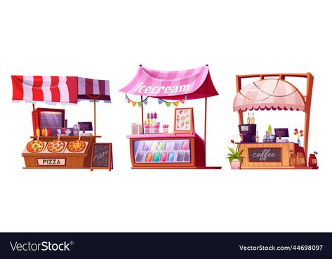 Market Place Illustration, Food Stall Illustration, Stall Illustration, Striped Awning, Food Stall Design, Popcorn Stand, Restaurant Game, Ice Cream Place, Street Food Market