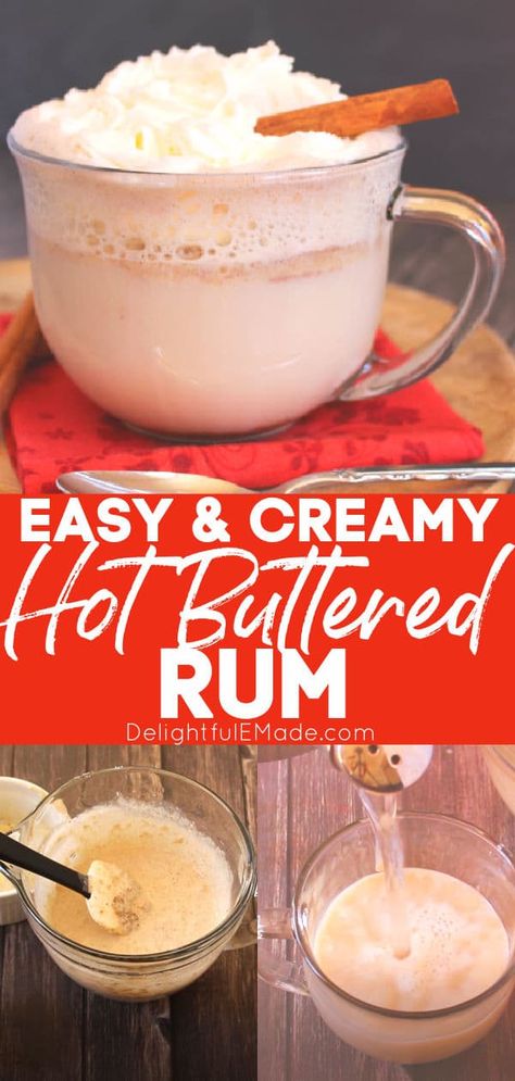 Buttered Rum Recipe, Hot Buttered Rum Mix, Spiced Rum Drinks, Hot Buttered Rum Recipe, Hot Winter Drinks, Hot Toddies Recipe, Alcohol Beverages, Creamy Cocktails, Buttered Rum