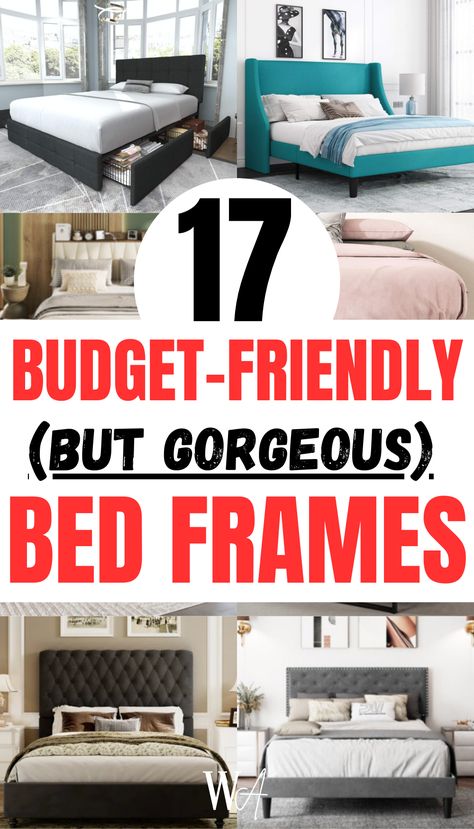 Looking for affordable bed frames that fit every style? Here are 17 bed frames that are both cheap and gorgeous options! Bed Frames On A Budget, Platform Bed Queen Cheap, Bed Frame Low To The Ground, Cute Full Size Beds, Diy Bed Frame Makeover, Queen Bed Frame Ideas, Simple Bed Frames, Bedroom Beds & Frames, Bedframe Ideas Modern